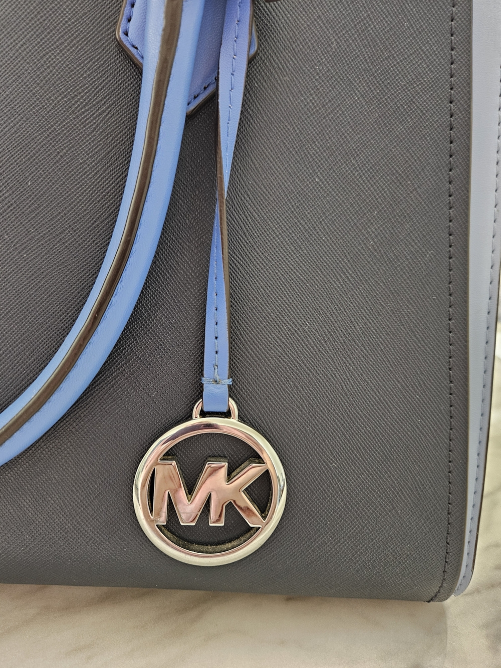 Michael Kors Navy Satchel with Light Blue Trim and Gold MK Charm - Picture 2 of 7